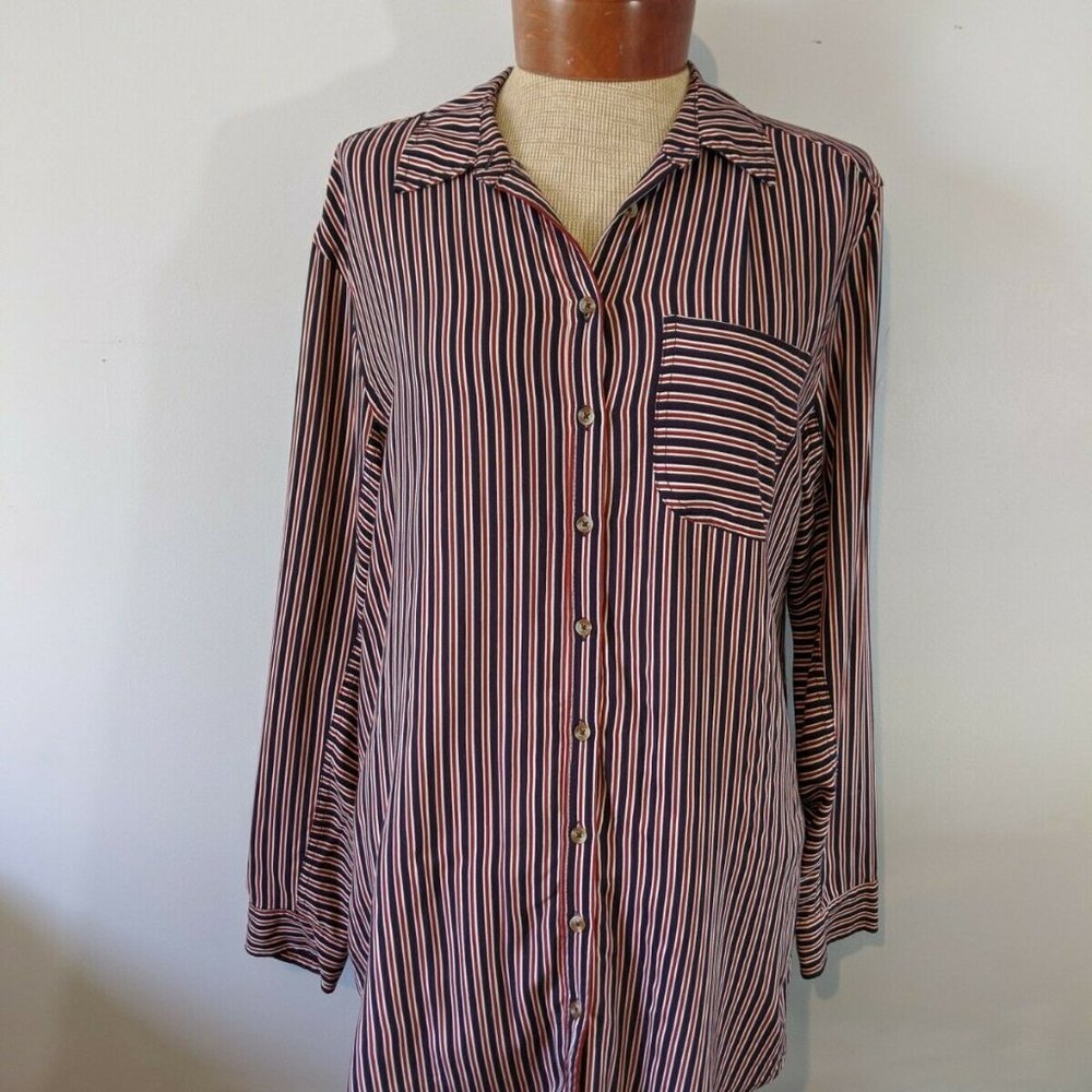 Red & Blue Striped Hi-Low Button Down Top